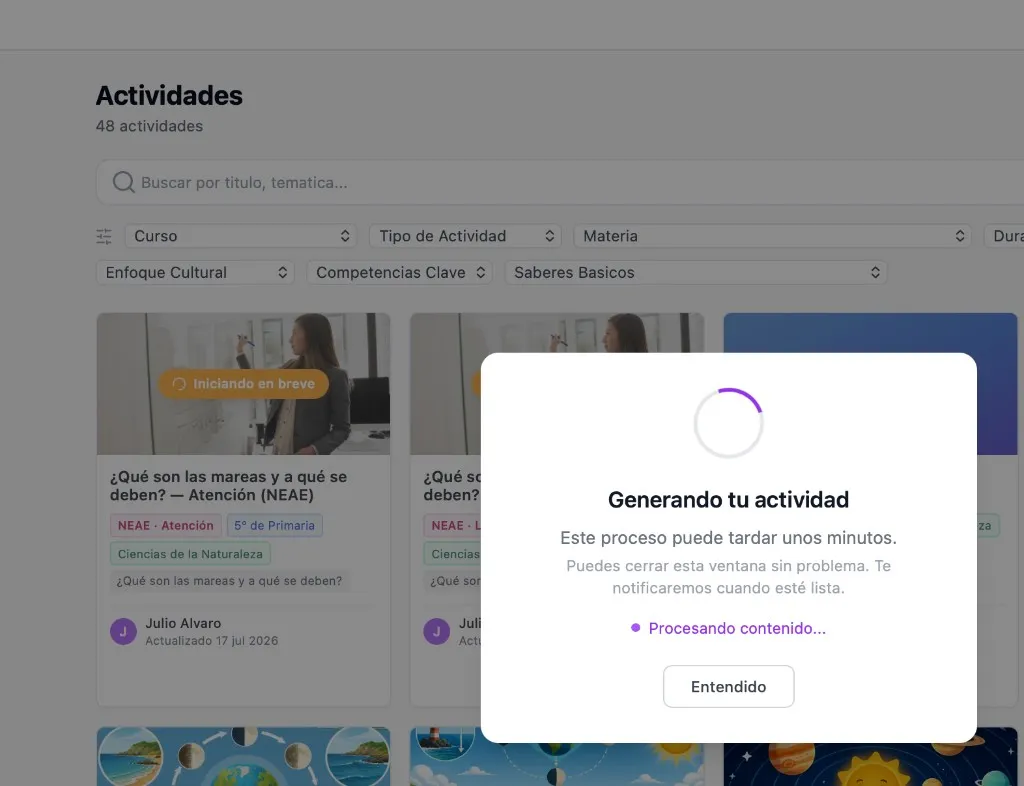 Pantalla de generación en progreso