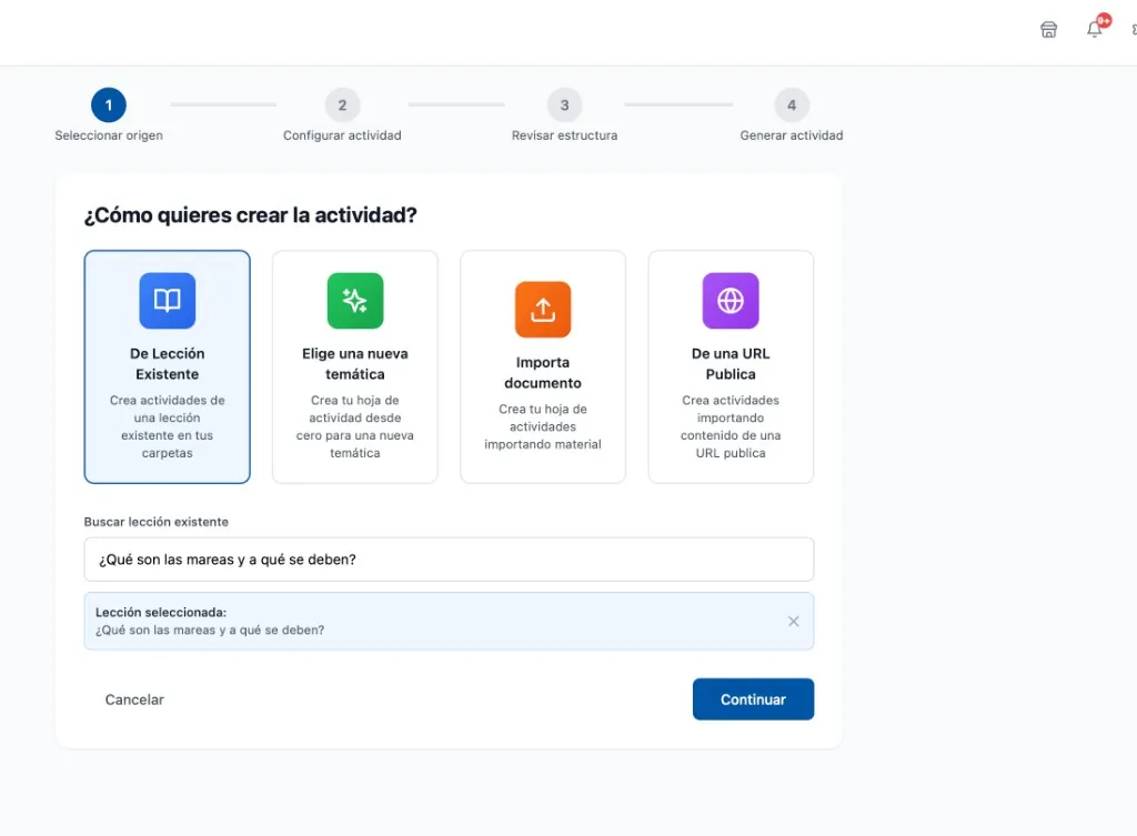 Seleccionar una lección existente