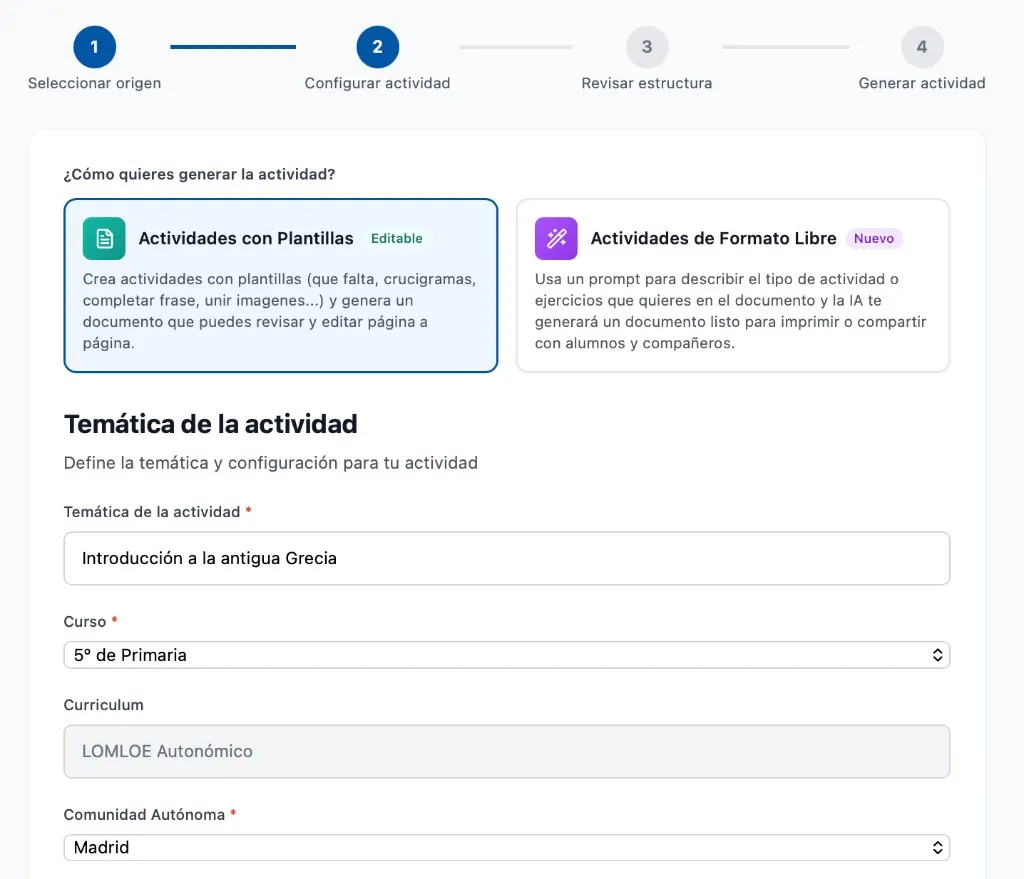 Configuración de la actividad con campos de temática, curso y comunidad