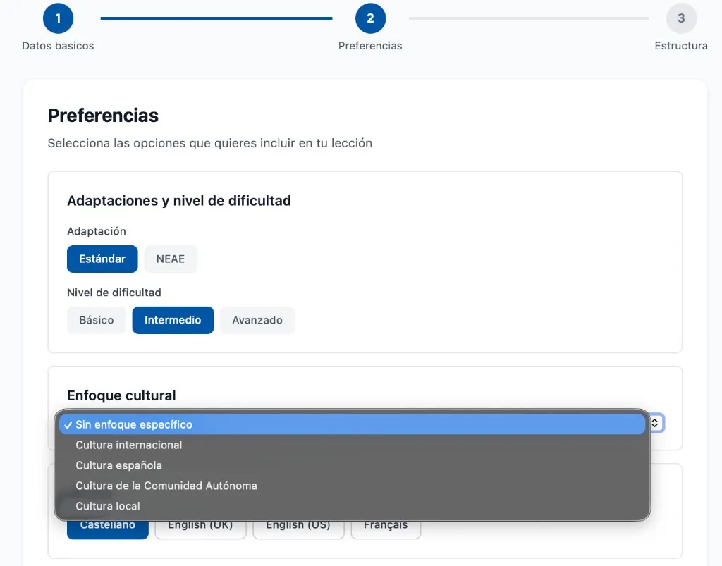 Selector de enfoque cultural con opciones expandidas
