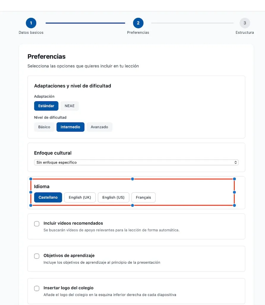 Selector de idioma en el asistente de lecciones