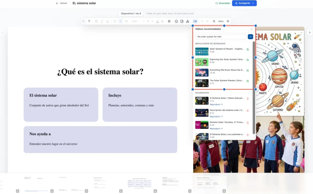 Panel de vídeos recomendados en el visor de la lección