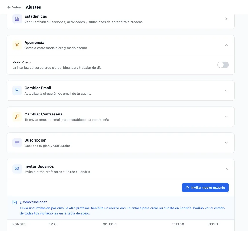Sección Invitar Usuarios en Ajustes