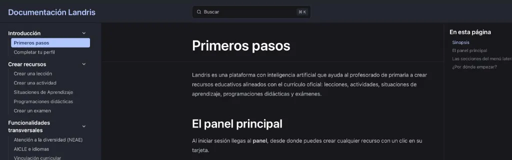 Vista de la documentación de Landris