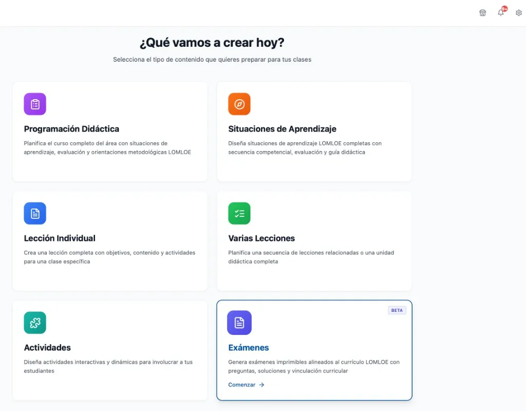 Tarjeta de Exámenes en el dashboard