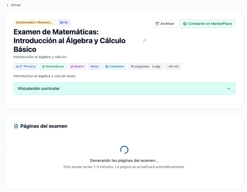 Generando las páginas del examen