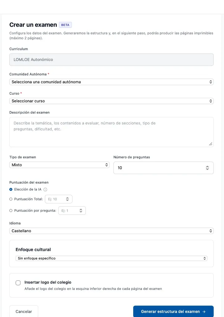 Paso 1 — formulario de configuración del examen