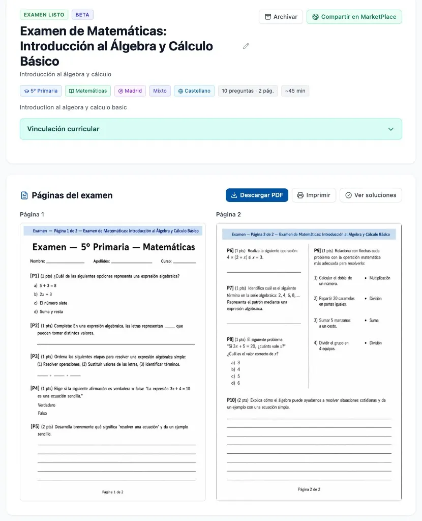 Visor completo del examen con opciones de exportación
