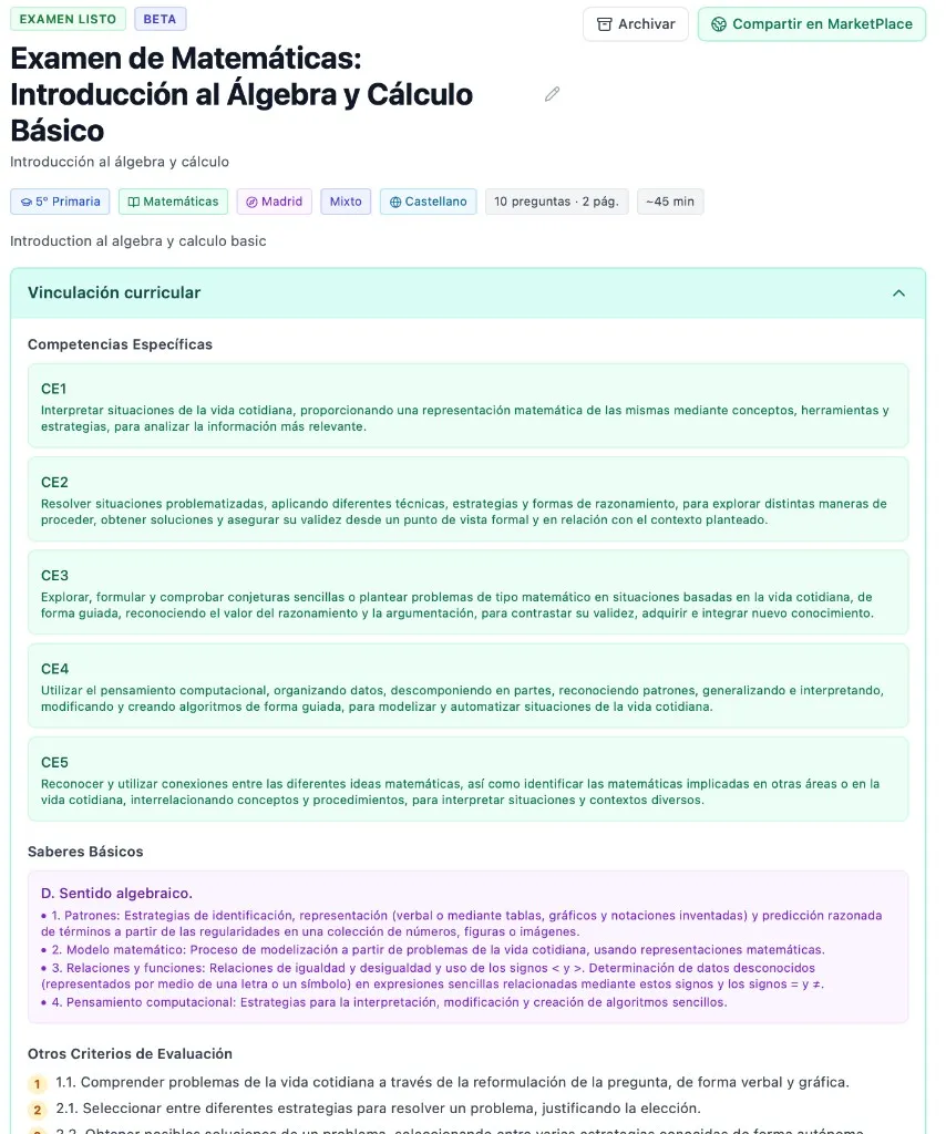 Vinculación curricular del examen expandida