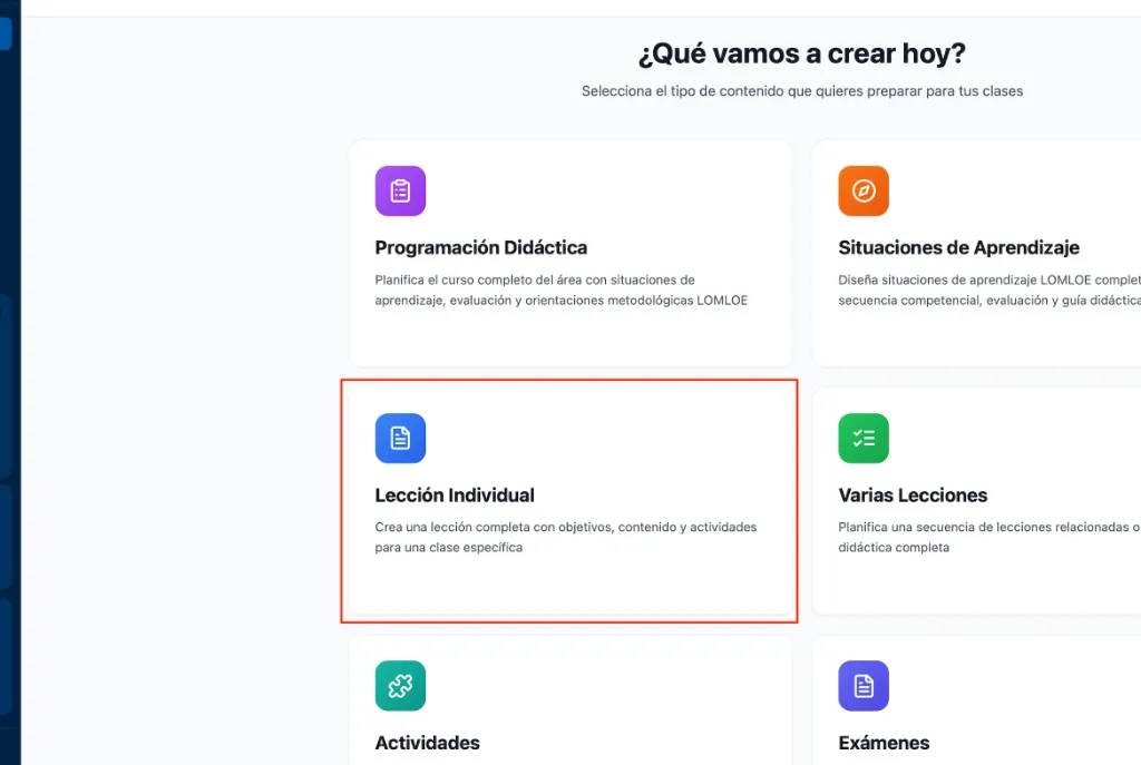 Tarjeta de Lección Individual en el dashboard