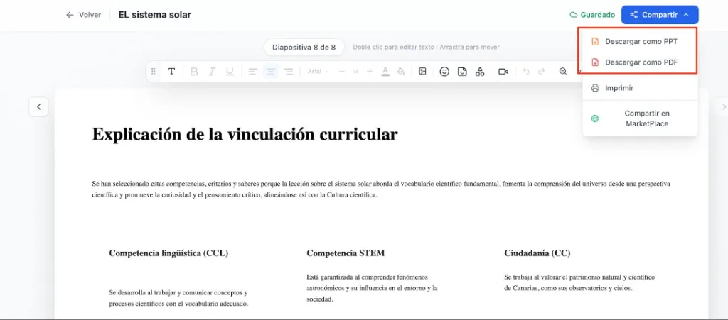 Menú Compartir con opciones de exportación