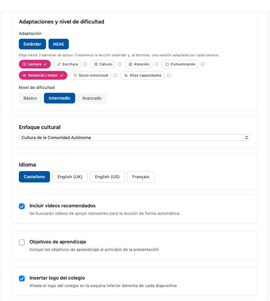 Paso 2 — NEAE activado con barreras seleccionadas