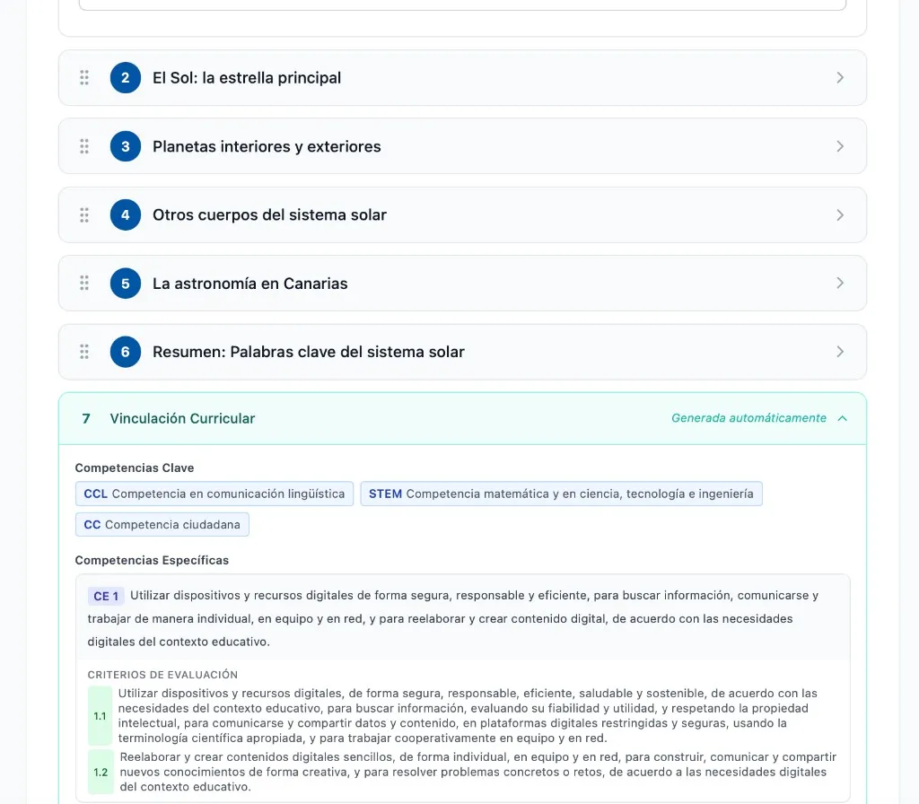 Lista de diapositivas y vinculación curricular expandida
