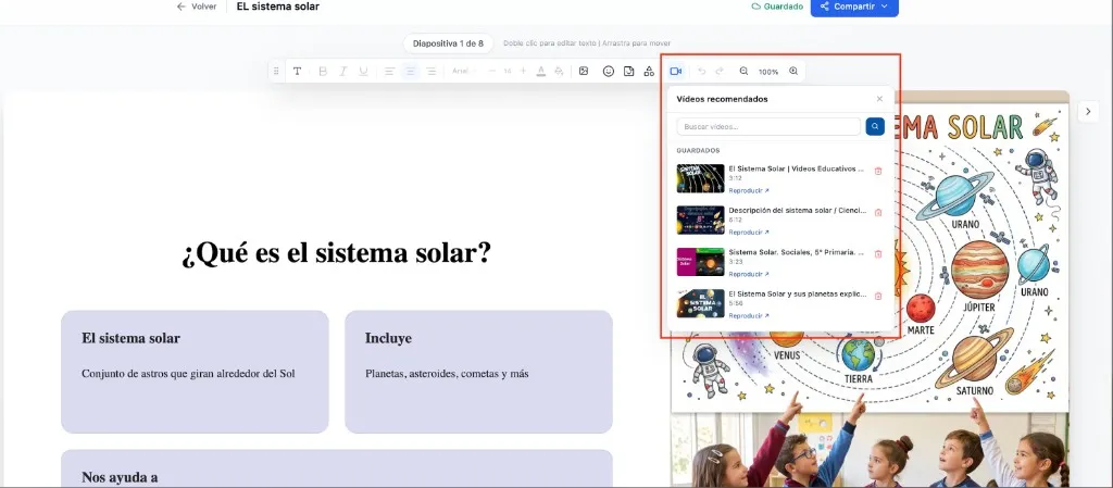 Panel de vídeos recomendados