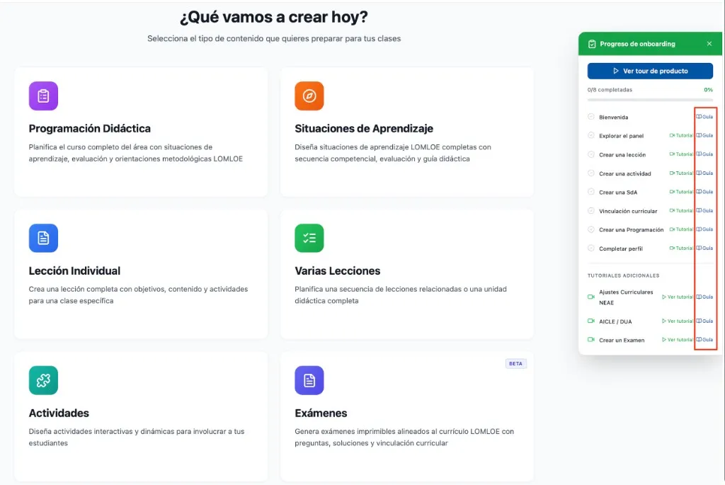 Widget de onboarding con enlaces a las guías