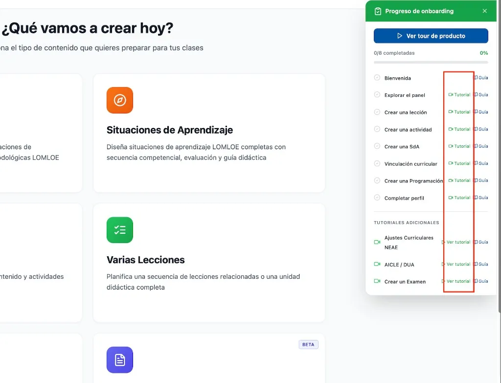 Widget de onboarding con enlaces a tutoriales