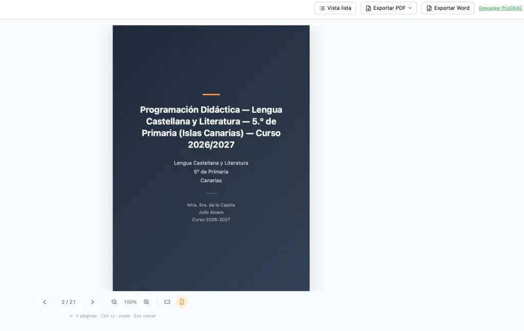 Vista libro con portada de la programación