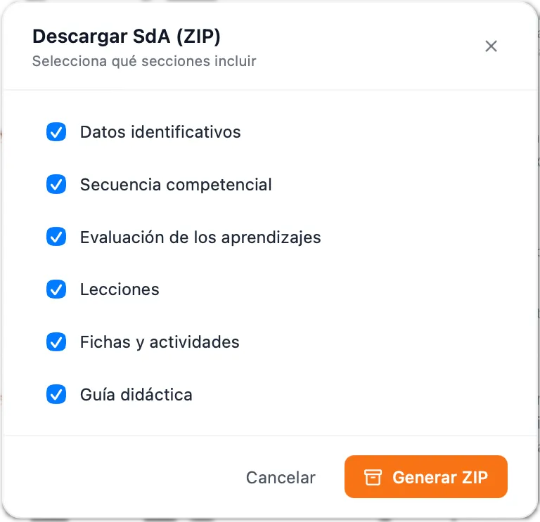 Modal de descarga ZIP