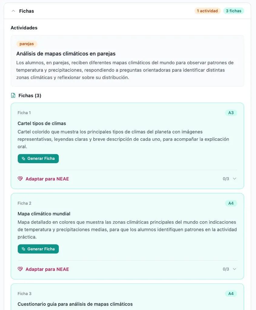 Fichas y Actividades — detalle de una sesión