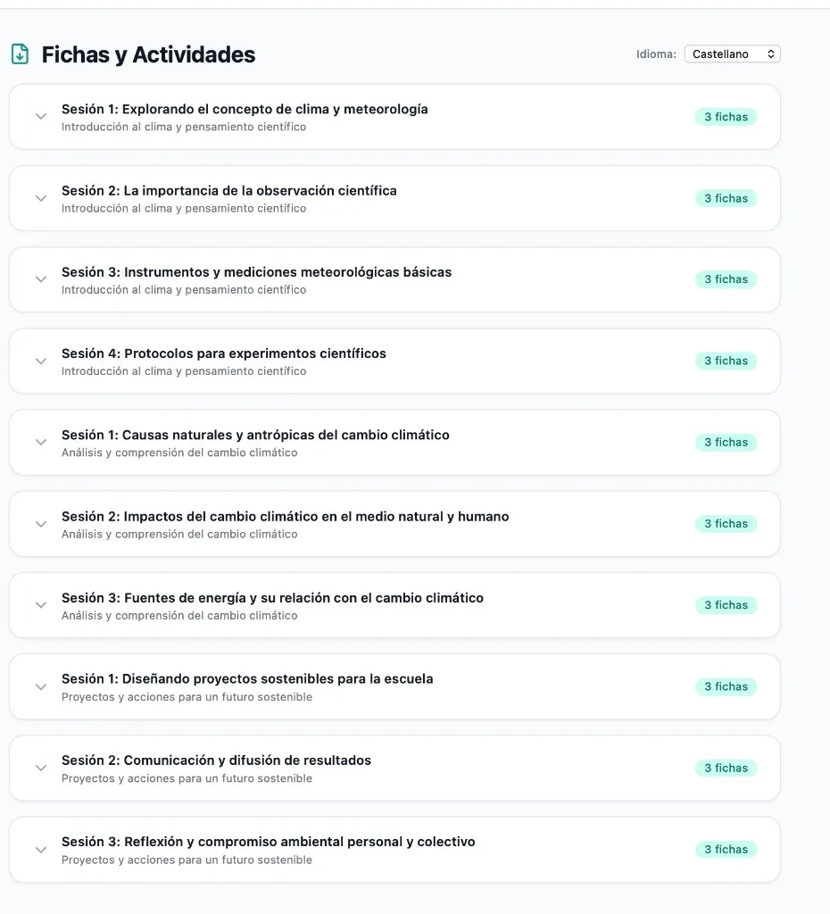 Fichas y Actividades — vista general por sesión